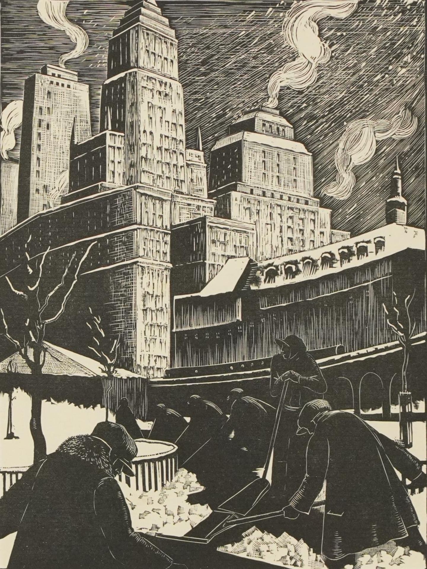 Clare Leighton - Snow shovellers, New York, wood engraving, inscribed Printed by The Curwen Press
