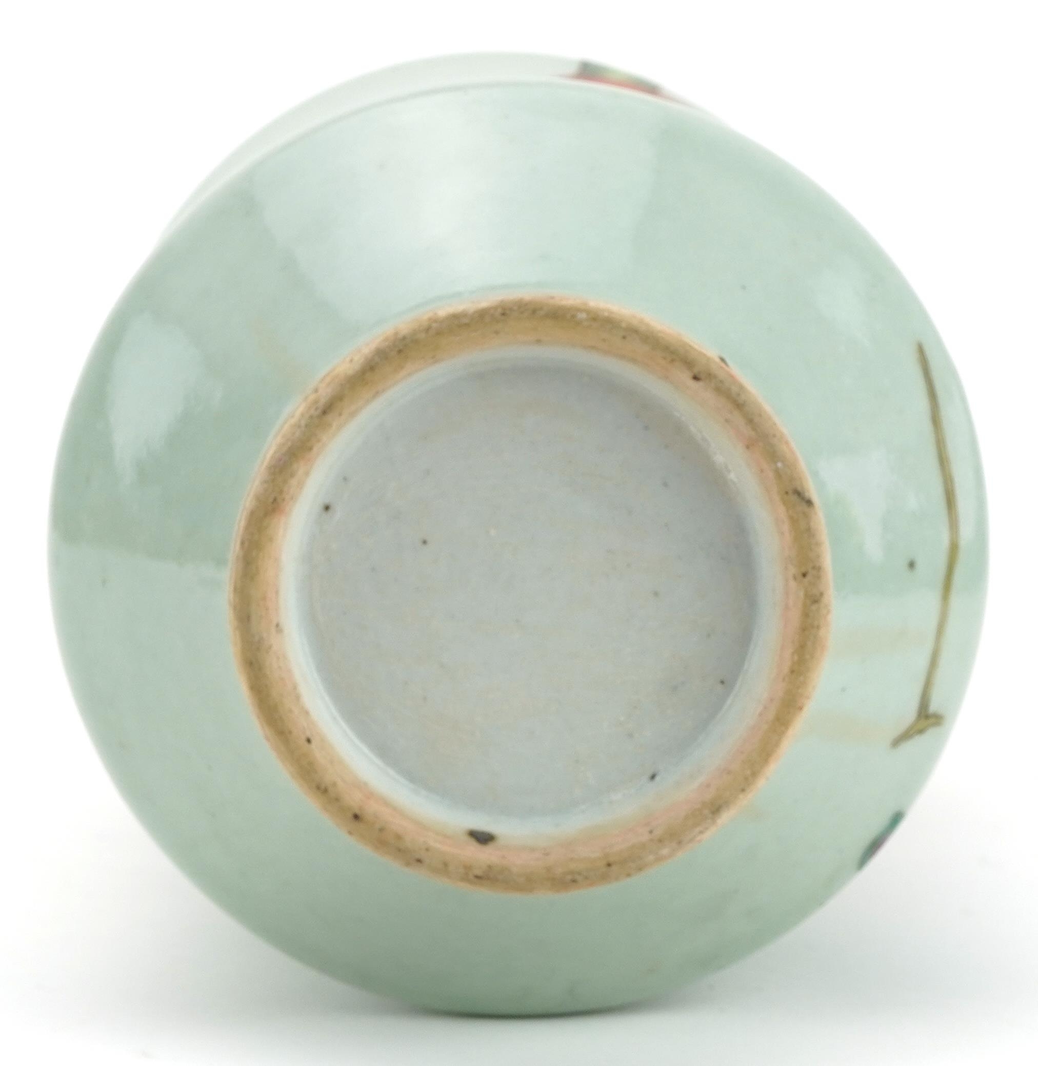 Chinese Canton celadon glazed vase with ruyi handles hand painted in the famille rose palette with - Image 6 of 6
