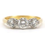 18ct gold diamond three stone ring, total diamond weight approximately 1.62 carat, size U, 4.5g :