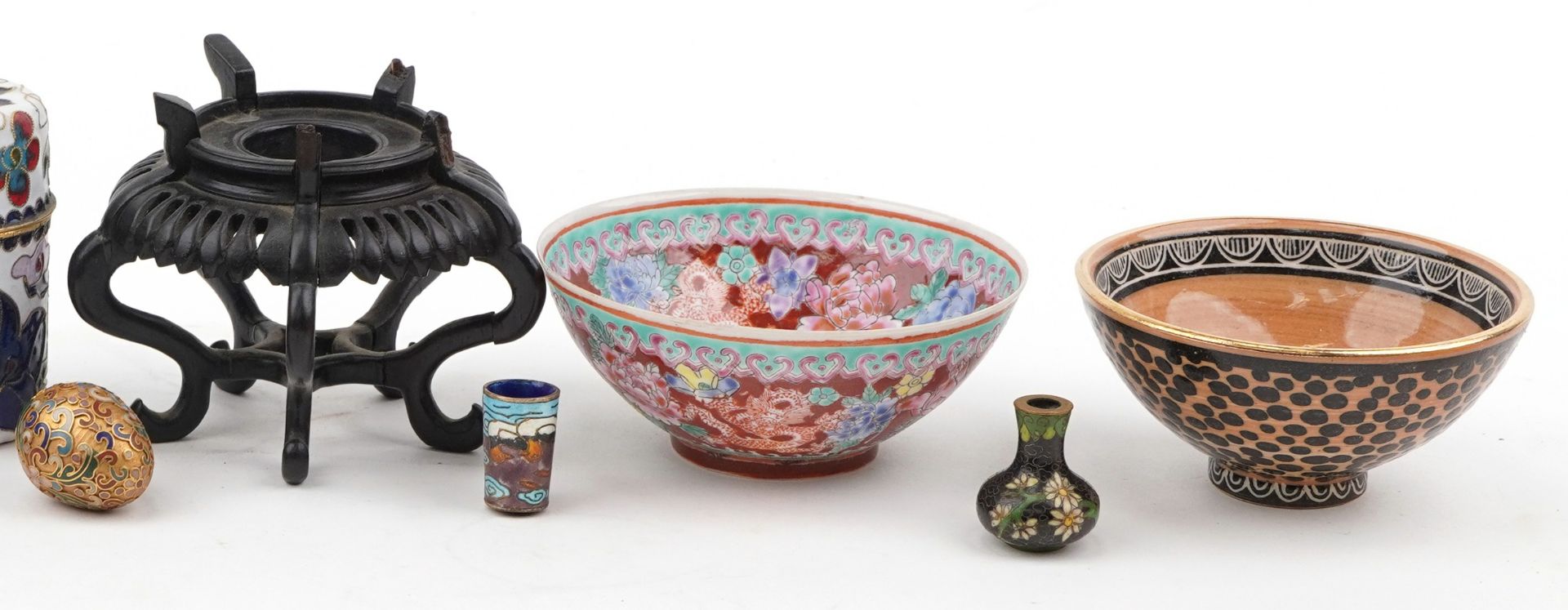 Selection of Chinese items including hand painted porcelain bowl, wooden stands, cloisonne pots - Image 3 of 4