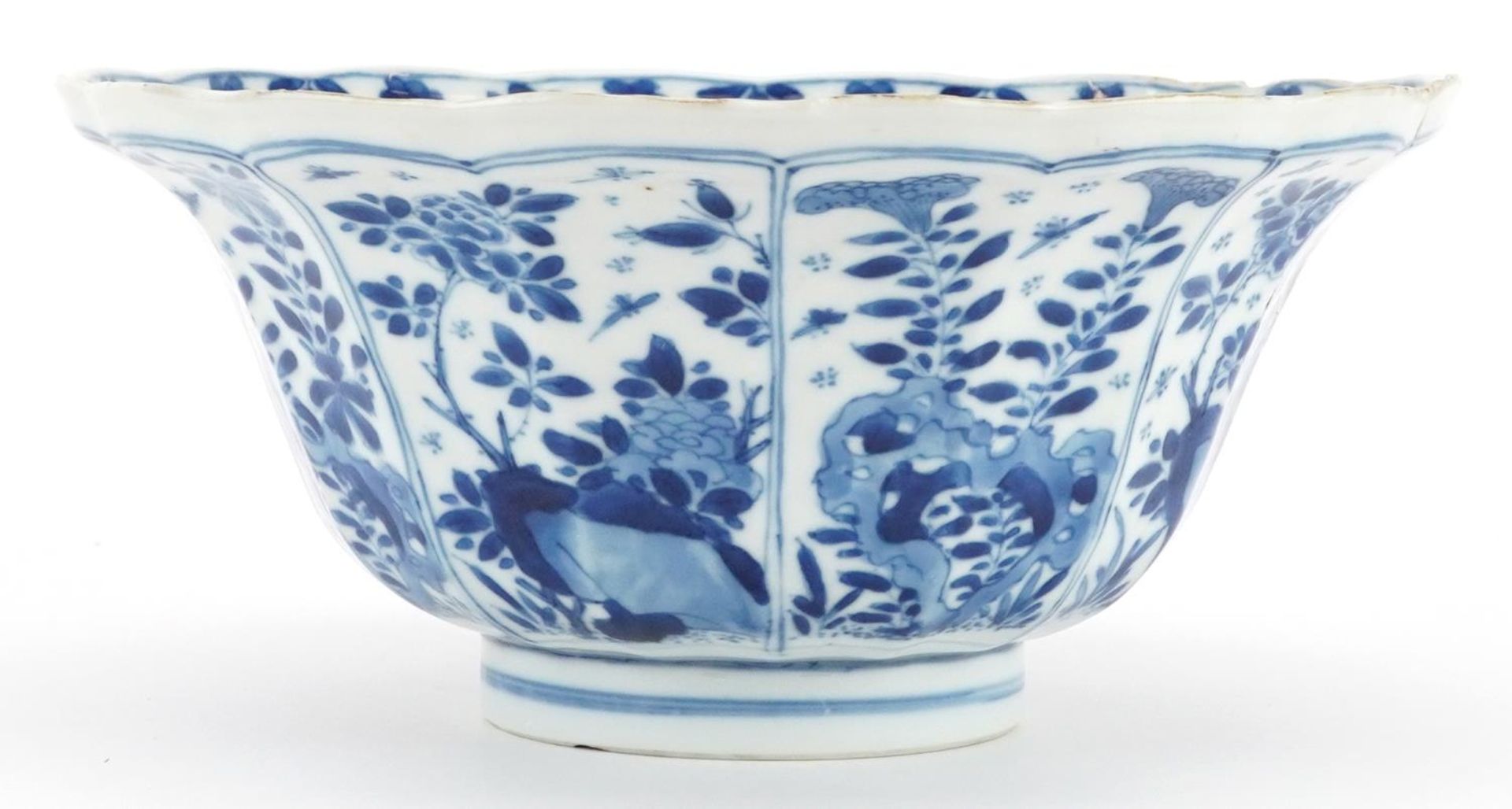 Chinese blue and white porcelain bowl hand painted with panels of flowers, six figure character - Image 4 of 6