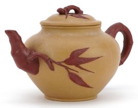 Chinese Yixing terracotta teapot with naturalistic handle and spout, six figure character marks to