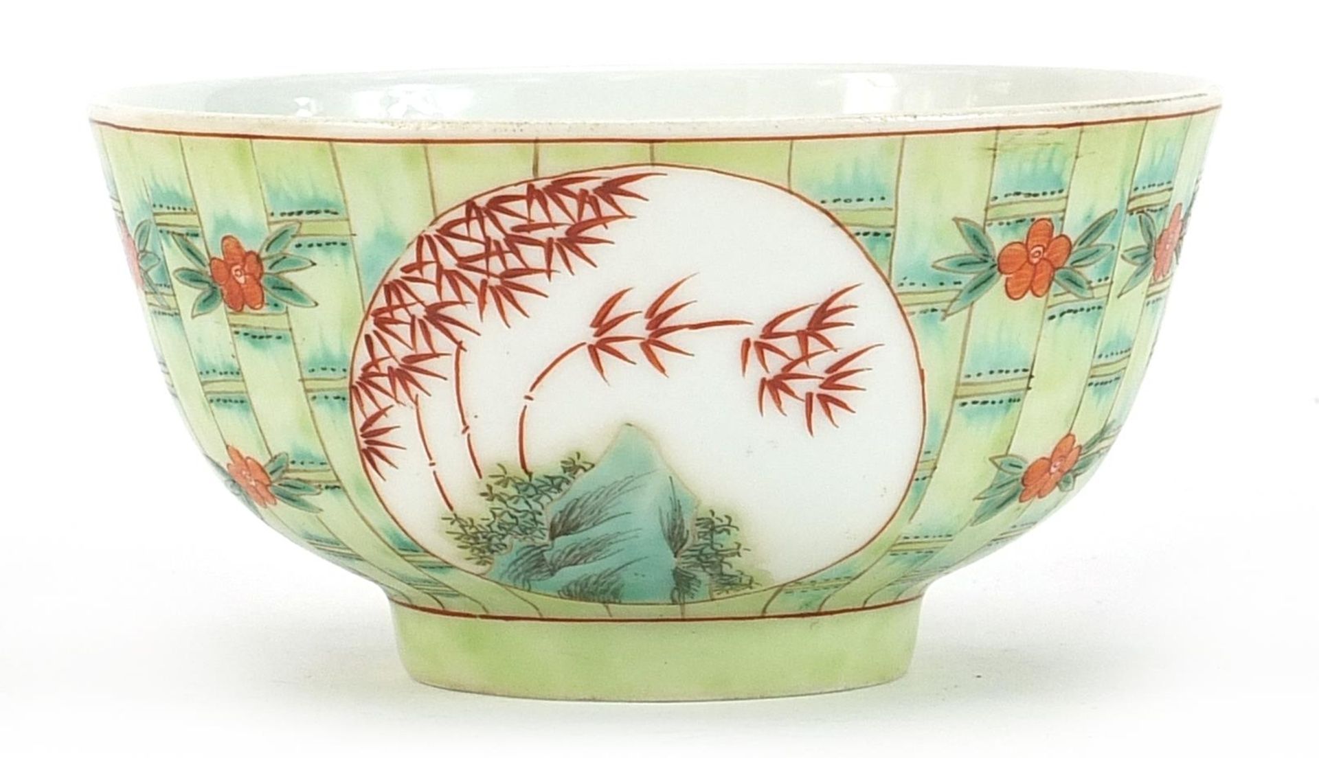 Chinese porcelain bowl hand painted with panels of bamboo groves onto a faux bamboo ground, six