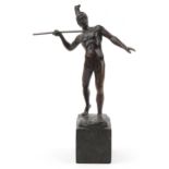 19th Century bronze sculpture of a Roman Warrior with spear mounted on a green marble base, signed