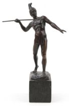 19th Century bronze sculpture of a Roman Warrior with spear mounted on a green marble base, signed