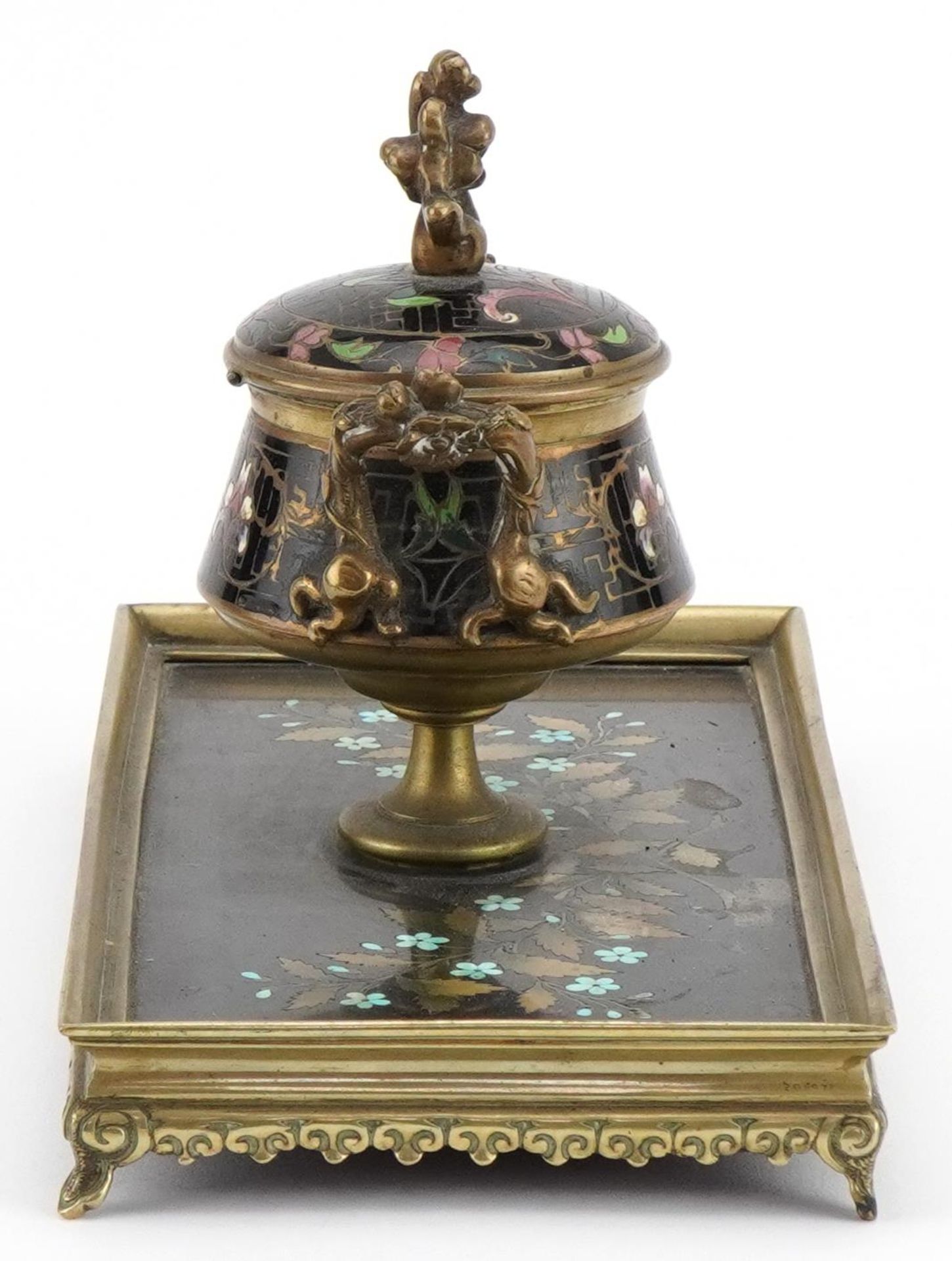 19th century ornate brass pietra dura and cloisonne desk inkwell with glass liner finely inlaid - Image 6 of 8