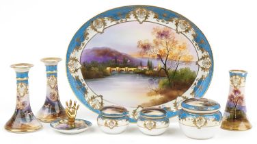 Noritake, Japanese porcelain seven piece dressing table set on tray hand painted with landscapes