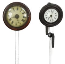 Two Victorian mahogany postman's wall clocks with Roman numerals including one with convex glass