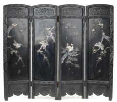 Japanese ebonised four fold screen with abalone inlay depicting birds of paradise amongst flowers,