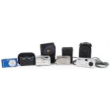 Five digital cameras, four with cases including Panasonic Lumix DMC-ZX1, Samsung NV3 and Minolta
