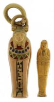 9ct gold and enamel Tutankhamun sarcophagus charm opening to reveal Tutankhamun, 2cm high, 1.6g :