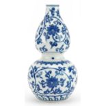 Chinese blue and white porcelain double gourd vase hand painted with flower heads amongst