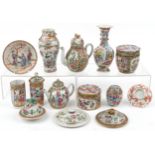 Chinese porcelain, predominantly Canton including two teapots and baluster vase, each hand painted