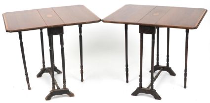 Pair of Edwardian inlaid mahogany Sutherland tables, each 65cm H x 74cm W x 61cm D : For further