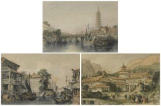 After Thomas Allom - Scene on the Honan Canal near Canton, The Bridge of Nanking and one other,