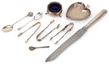 Victorian and later silver including sugar tongs, club shaped pin dish and three footed salt with