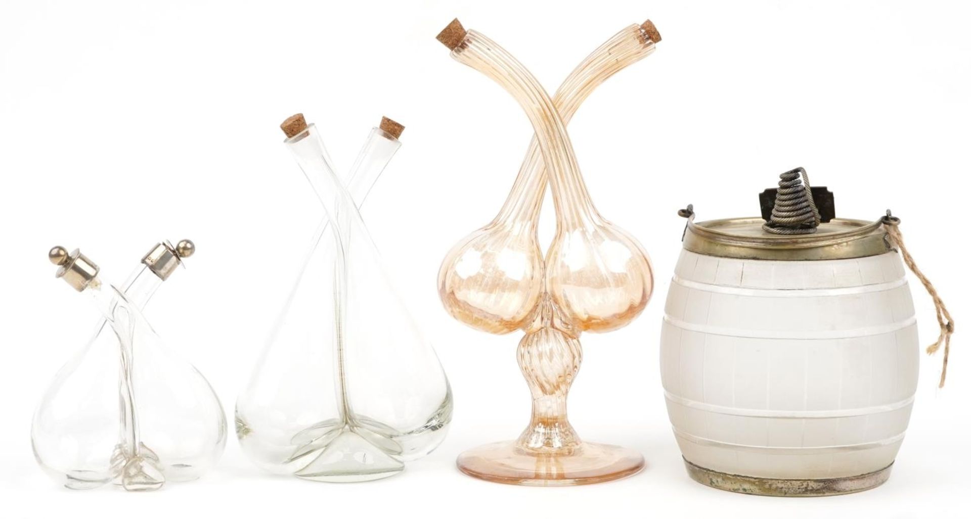 Three antique and later glass oil and vinegar bottles, one with silver mounts, and a frosted glass - Image 2 of 6