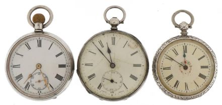 Three ladies silver open face pocket watches with enamelled dials, the largest 43mm in diameter :