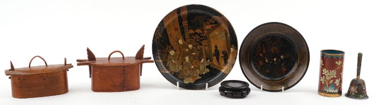 Woodenware including Norwegian plywood pots and covers, cloisonne pot and bell and Japanese