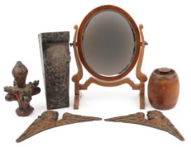 Antique and later treen including carved oak corbel and inlaid mahogany swing mirror, the largest