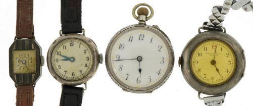 Three Art Deco and later silver wristwatches and a silver open face pocket watch including Weir &