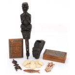 Tribal interest sundry items including Vizagapatam style sandalwood card case, carved bone figure