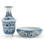 Chinese blue and white porcelain vase and bowl decorated with flowers, the largest 32cm high : For