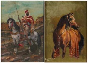 Figure on horseback and horse, two Islamic pictures, mounted and framed, the largest 17cm x 11.5cm