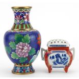 Chinese cloisonne vase and Japanese porcelain koro with pierced lid, the largest 21cm high : For