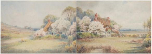 John Reginald Goodman - Chickens and cottages, pair of early 20th century watercolours, mounted,