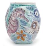 Studio pottery vase hand painted with stylised fish inscribed LDCE to the base, 12.5cm high : For