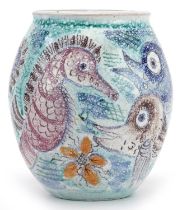 Studio pottery vase hand painted with stylised fish inscribed LDCE to the base, 12.5cm high : For