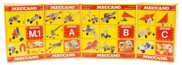 Four French Meccano construction sets with boxes comprising numbers 086400, 086402, 086420 and