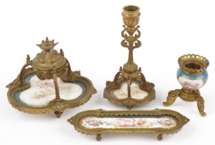 19th century ormolu mounted dressing table items with Sevres type panels hand painted with Putti and