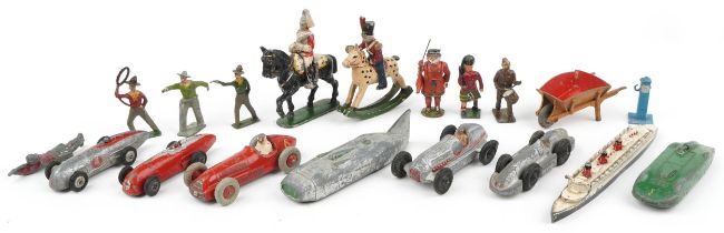 Vintage diecast vehicles and figures including Dinky MG Record car, Alfa Romeo and military