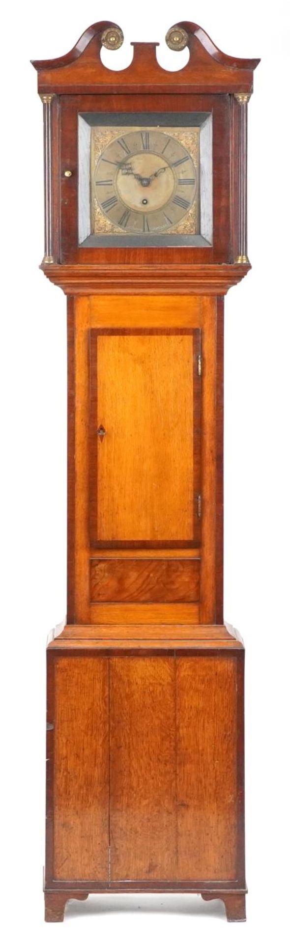 19th century inlaid oak cased grandfather clock with brass dial having Roman numerals, engraved