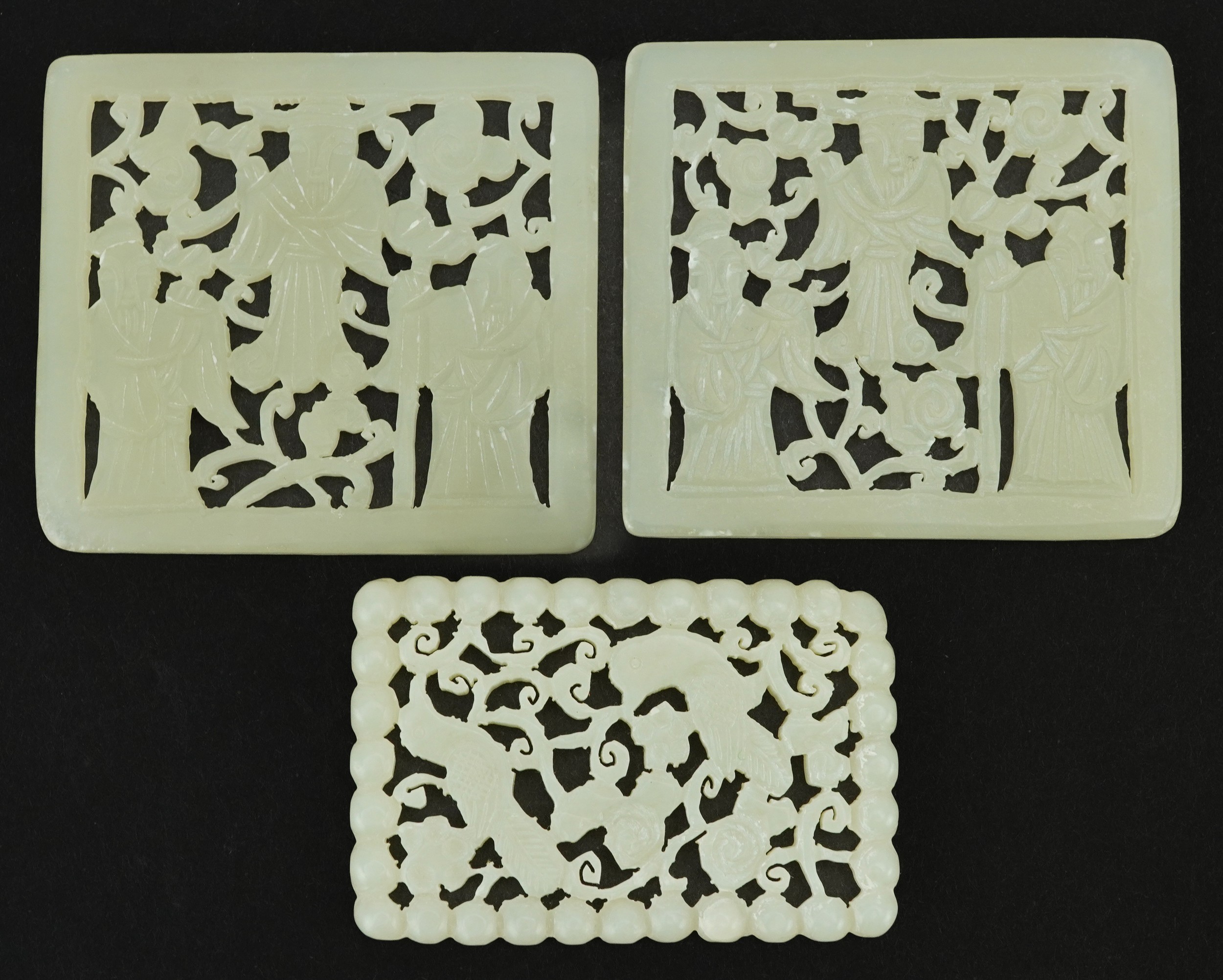 Three Chinese green jade panels carved with three figures, 7.2cm wide : For further information on - Image 2 of 2