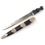 Scottish sgian dubh with ebony handle and leather scabbard, crown and crown to the top, stamped