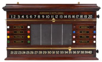 Victorian Burroughes & Watts of London mahogany snooker scoreboard, 52cm H x 90cm wide : For further