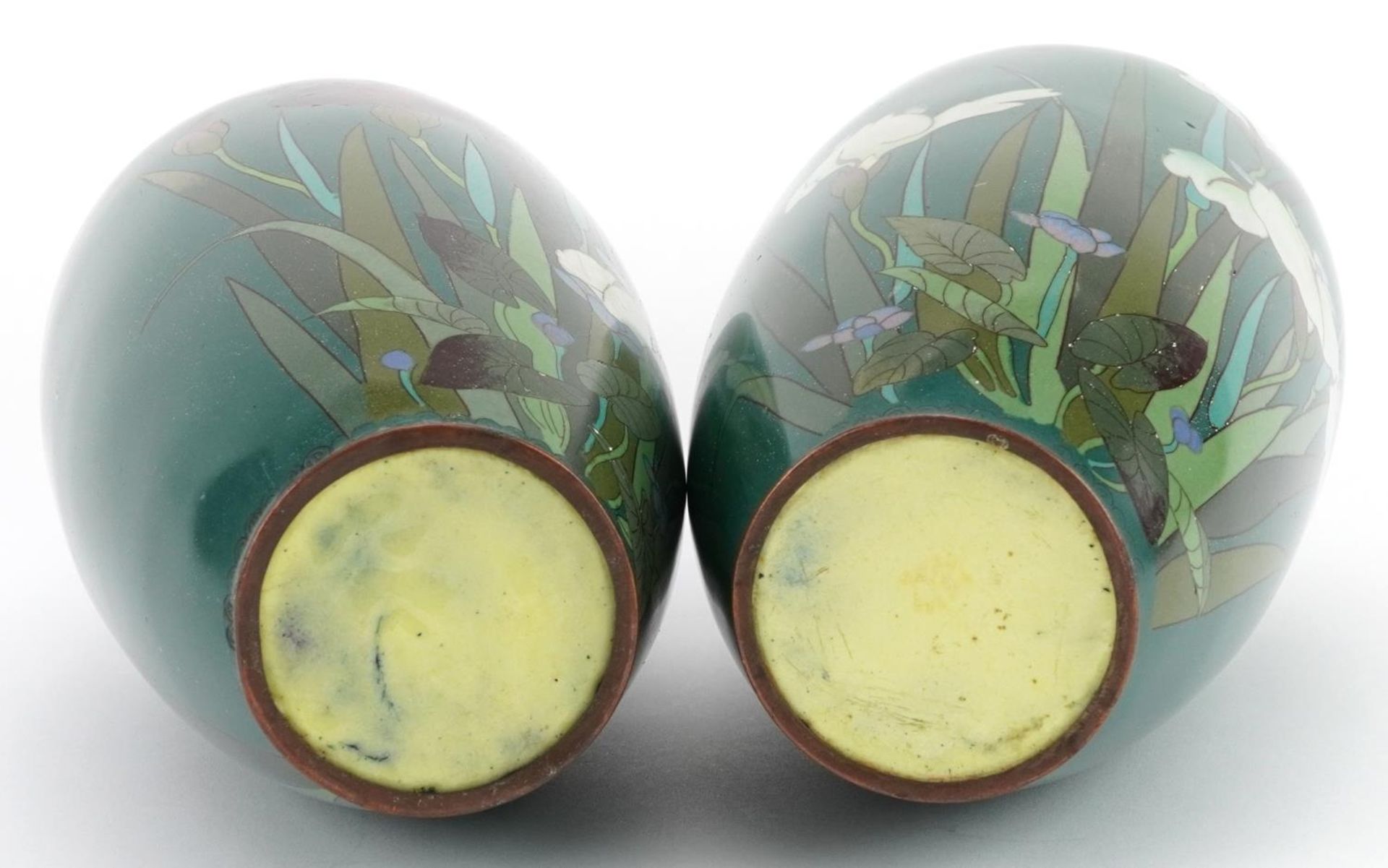 Large pair of Japanese cloisonne vases enamelled with iris, each 31cm high : For further information - Image 6 of 6