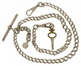 Silver watch chain with T bar, dog clips and watch key, 43cm in length, 35.5g : For further