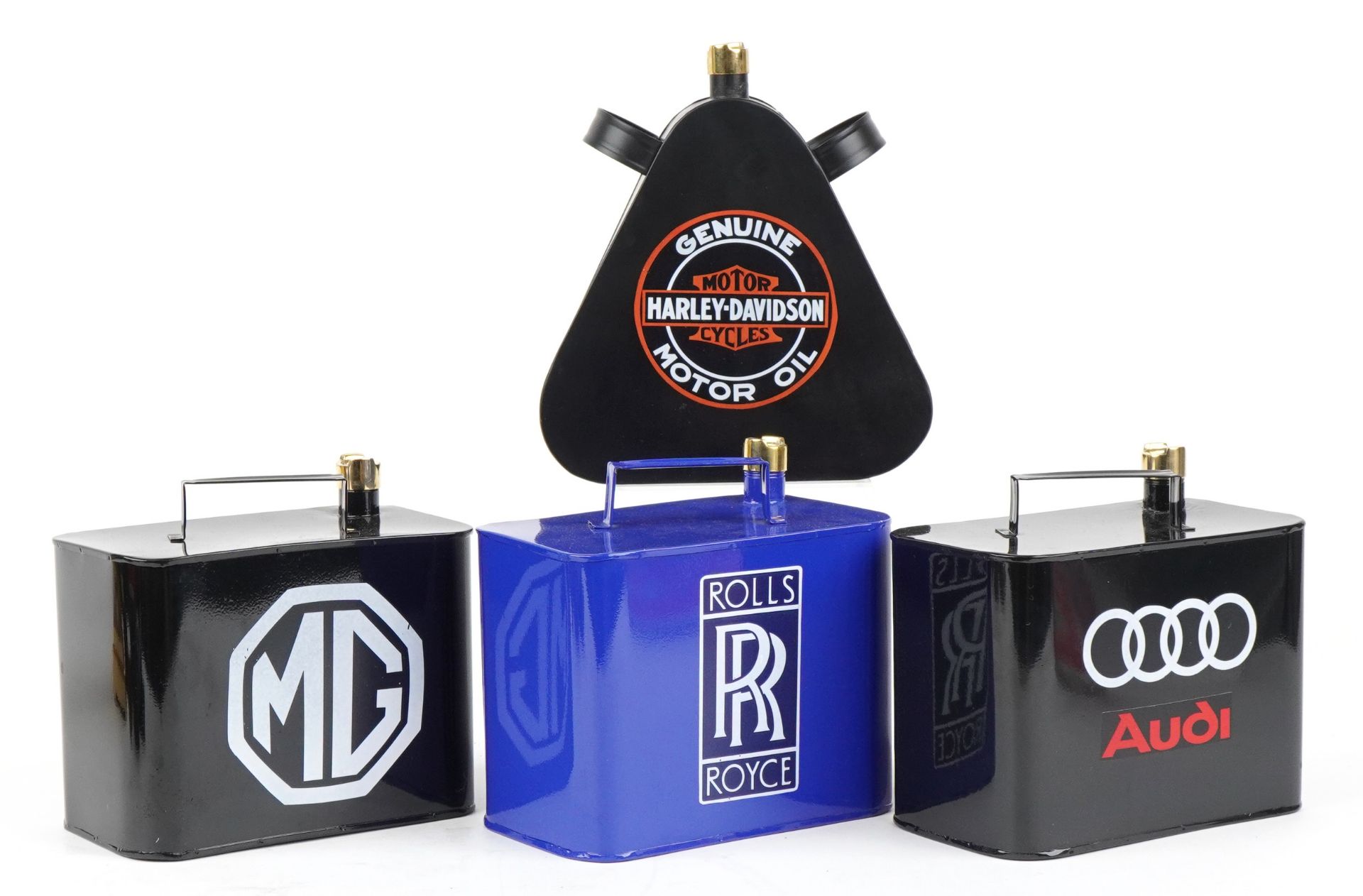 Four advertising decorative oil cans comprising Harley Davidson Motorcycles, MG, Rolls Royce and - Image 2 of 3