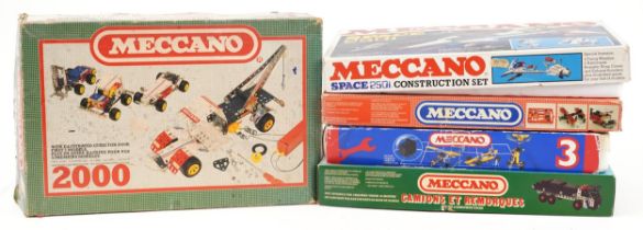 Five vintage Meccano construction sets with boxes comprising numbers 085042, 09531, 085040, 085050