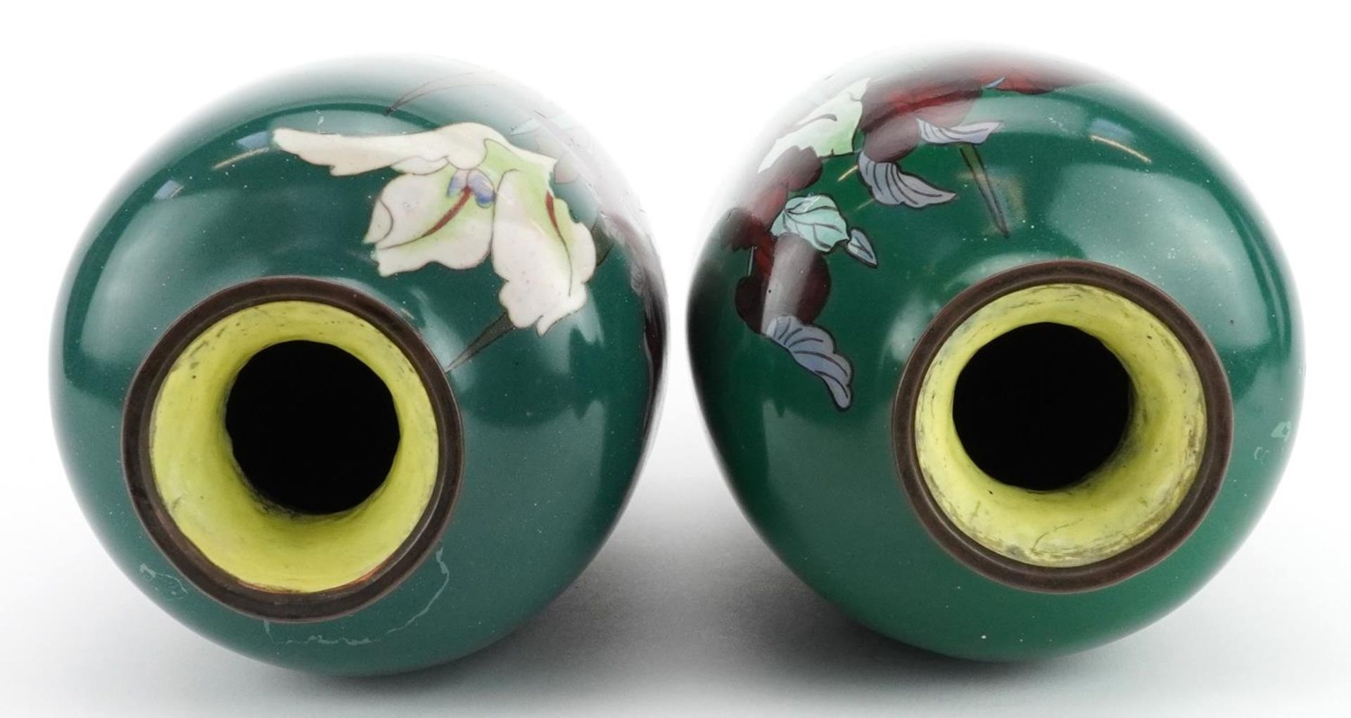 Large pair of Japanese cloisonne vases enamelled with iris, each 31cm high : For further information - Image 5 of 6