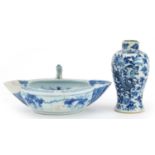 Chinese blue and white porcelain including a baluster vase hand painted with two dragons amongst
