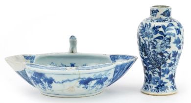 Chinese blue and white porcelain including a baluster vase hand painted with two dragons amongst