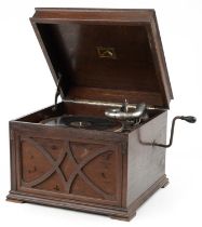 Early 20th century His Master's Voice oak cased wind-up gramophone, model 130A, 36.5cm H x 43cm W
