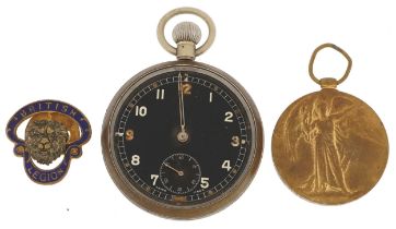 British military World War I Victory medal, military issue pocket watch and British Legion lapel,
