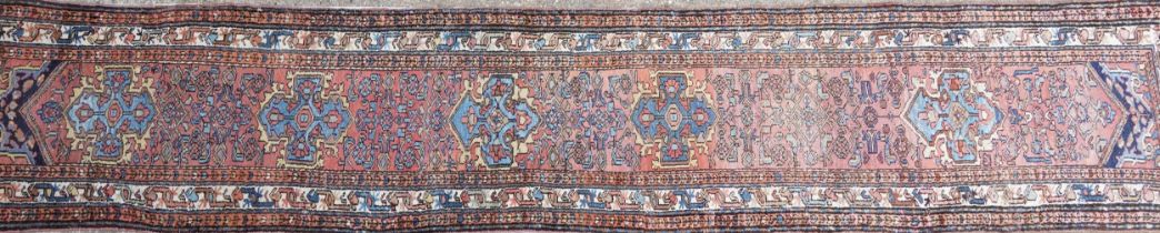 Rectangular Turkish carpet runner having a geometric design, 490cm x 90cm : For further