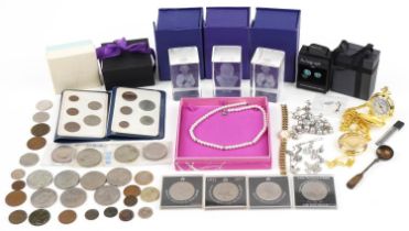 Costume jewellery coins and sundry items including ladies Citizen quartz wristwatch, pocket